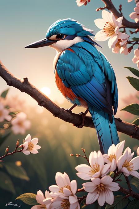 390106-133066070-(best quality, masterpiece), superb kingfisher on a branch near budding white cherry flowers, dark, dawn, (chilly early morning_.png
